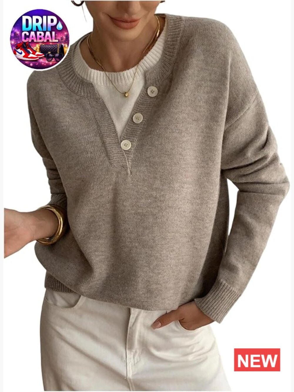 Oversized Knitted Pullover Sweater with Button Crew Neck Long Sleeve